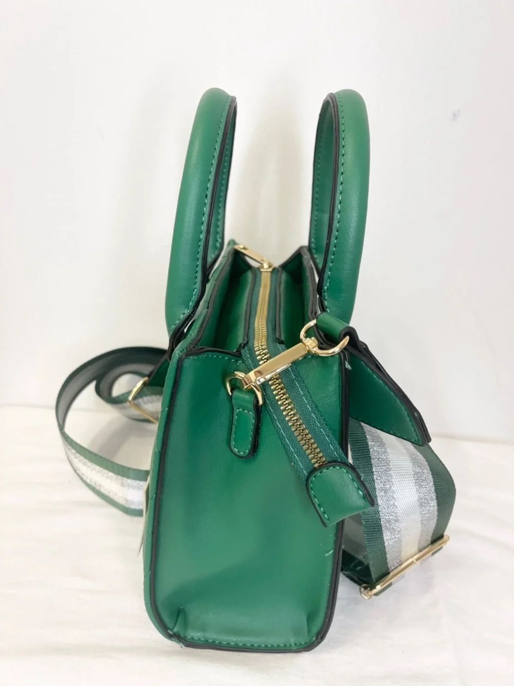 Kayla Ava Emerald Quilted Stud Satchel with Striped Crossbody Strap